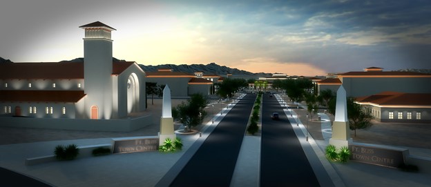 Comunicação de detalhes do projeto usando o SketchUp e o 3ds Max. Projeto: Centro da cidade de Fort Bliss em El Paso, Texas.