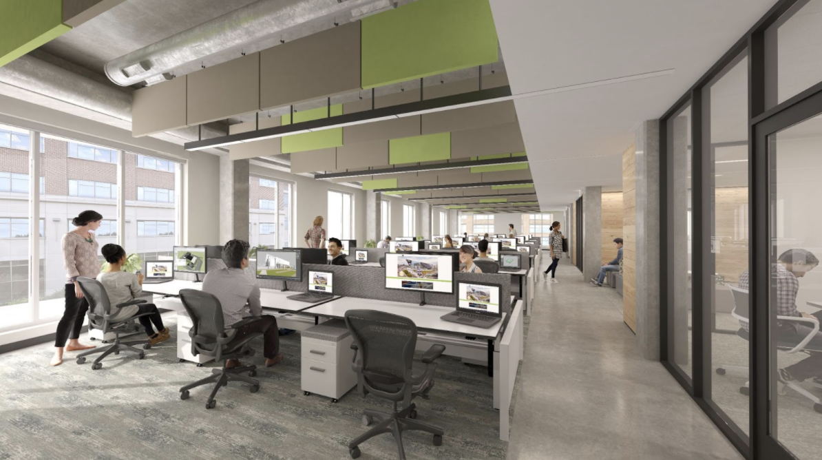 Escritório da JLG Architects, Grand Forks, Dakota do Norte. Futuro do design do local de trabalho com estações de trabalho flexíveis e abertas, luz natural abundante, projetadas e refinadas através da simulação de luz natural do Sefaira.