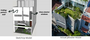 Modelo no SketchUp da moderna casa Jalousie, apresentando sua fachada angulada única e sua janela com persiana de vidro, em comparação com a imagem real da casa Jalousie.