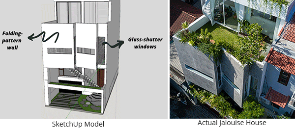 Modelo no SketchUp da moderna casa Jalousie, apresentando sua fachada angulada única e sua janela com persiana de vidro, em comparação com a imagem real da casa Jalousie.