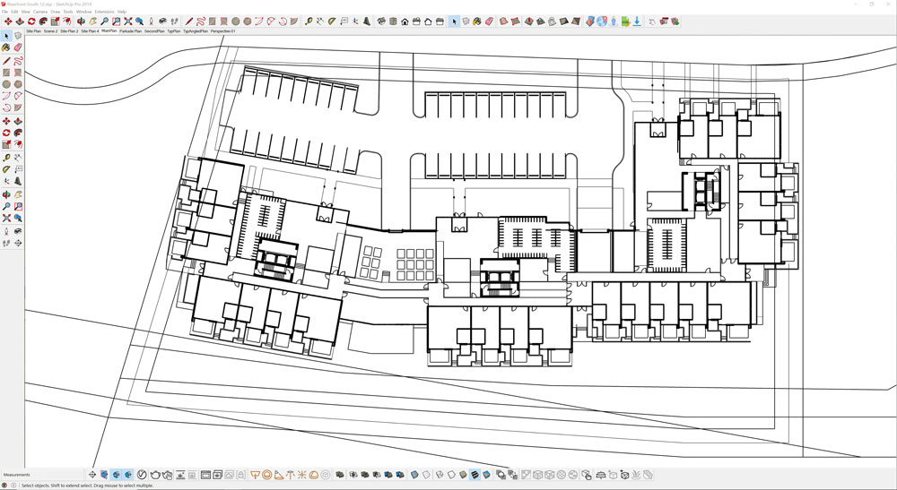 Plantas do River Front para representar a densidade das unidades, os coeficientes de aproveitamento e os requisitos de estacionamento para os locais. Modelado no SketchUp.