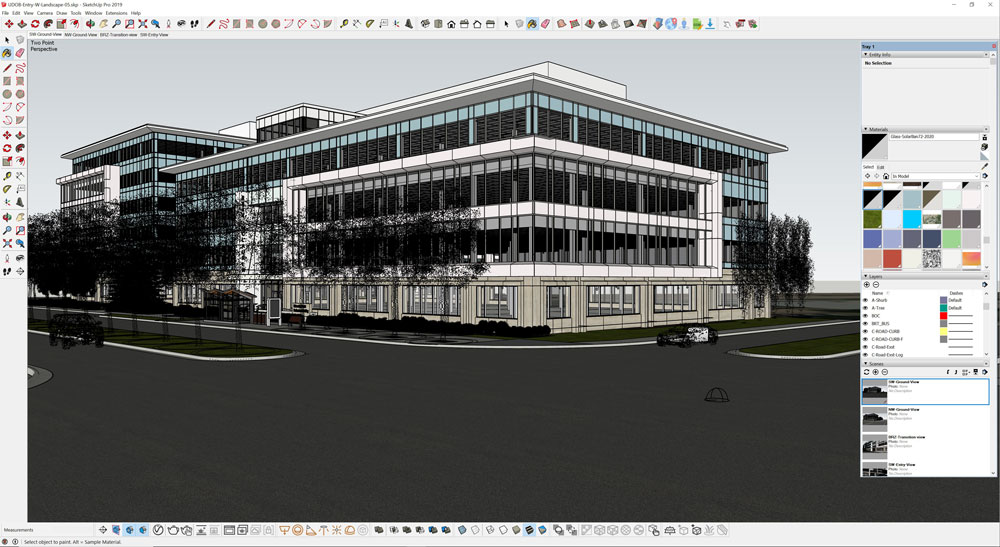 Conceito da Quarry Station, malha estrutural e opções de fachada; modelado no SketchUp e renderizado usando o V-Ray.
