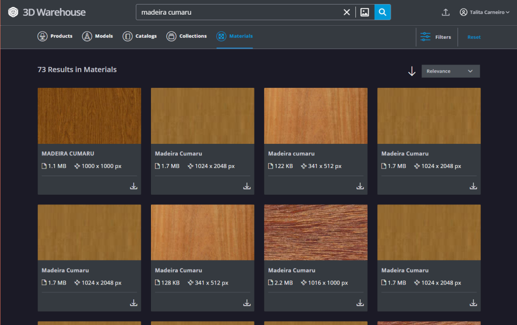 janela do 3D warehouse com pesquisa definida para madeira cumaru, aparecendo várias opções de texturas para usar no SketchUp. 