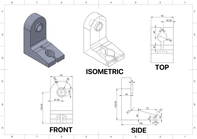 Desenhos em CAD 2D com visão isométrica, de topo, frente e lado.