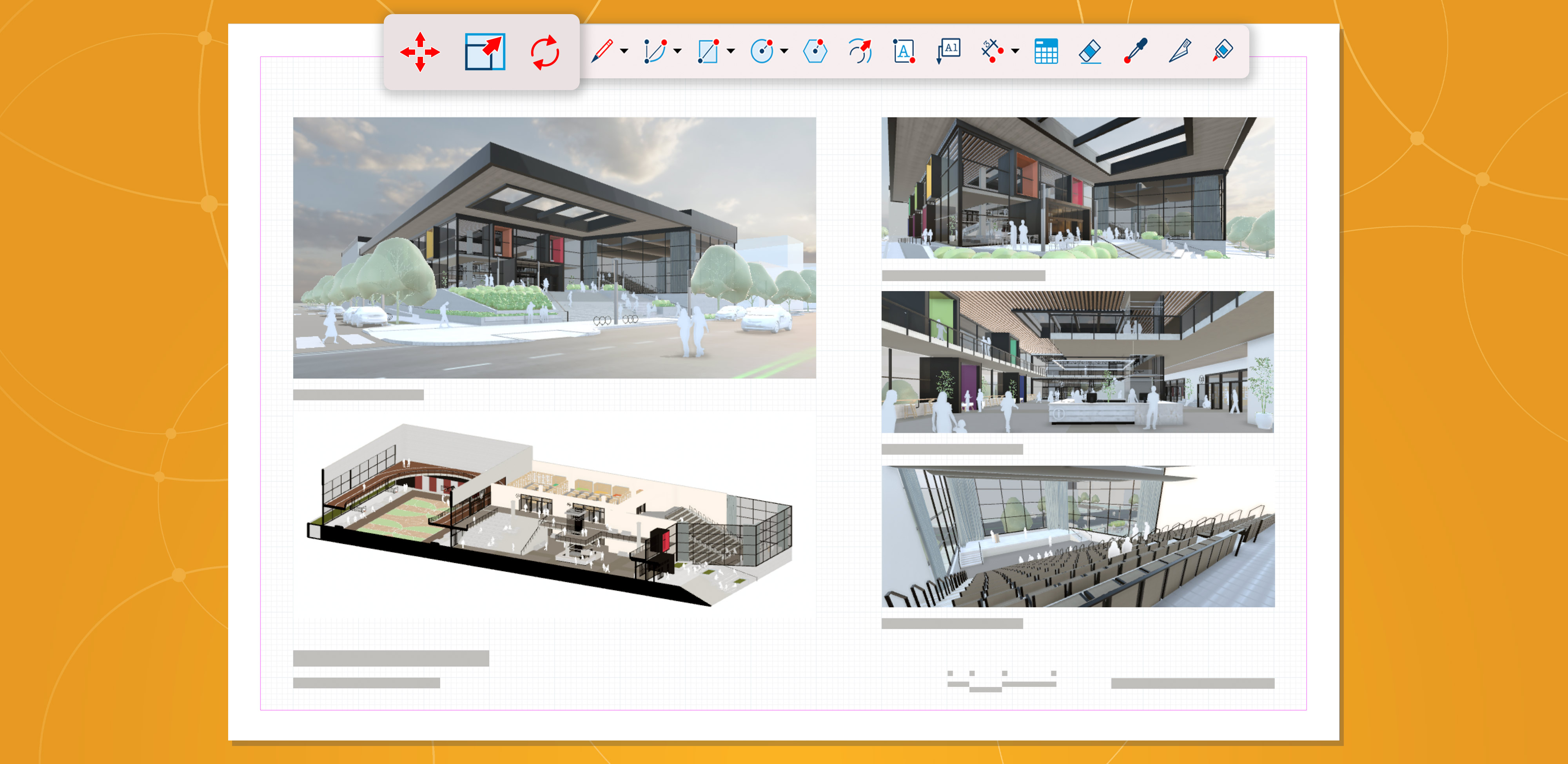 Captura de tela de uma folha do LayOut mostrando cinco imagens do modelo do centro comunitário com um destaque na barra de ferramentas chamando os ícones das ferramentas Mover, Escalar e Rotacionar.