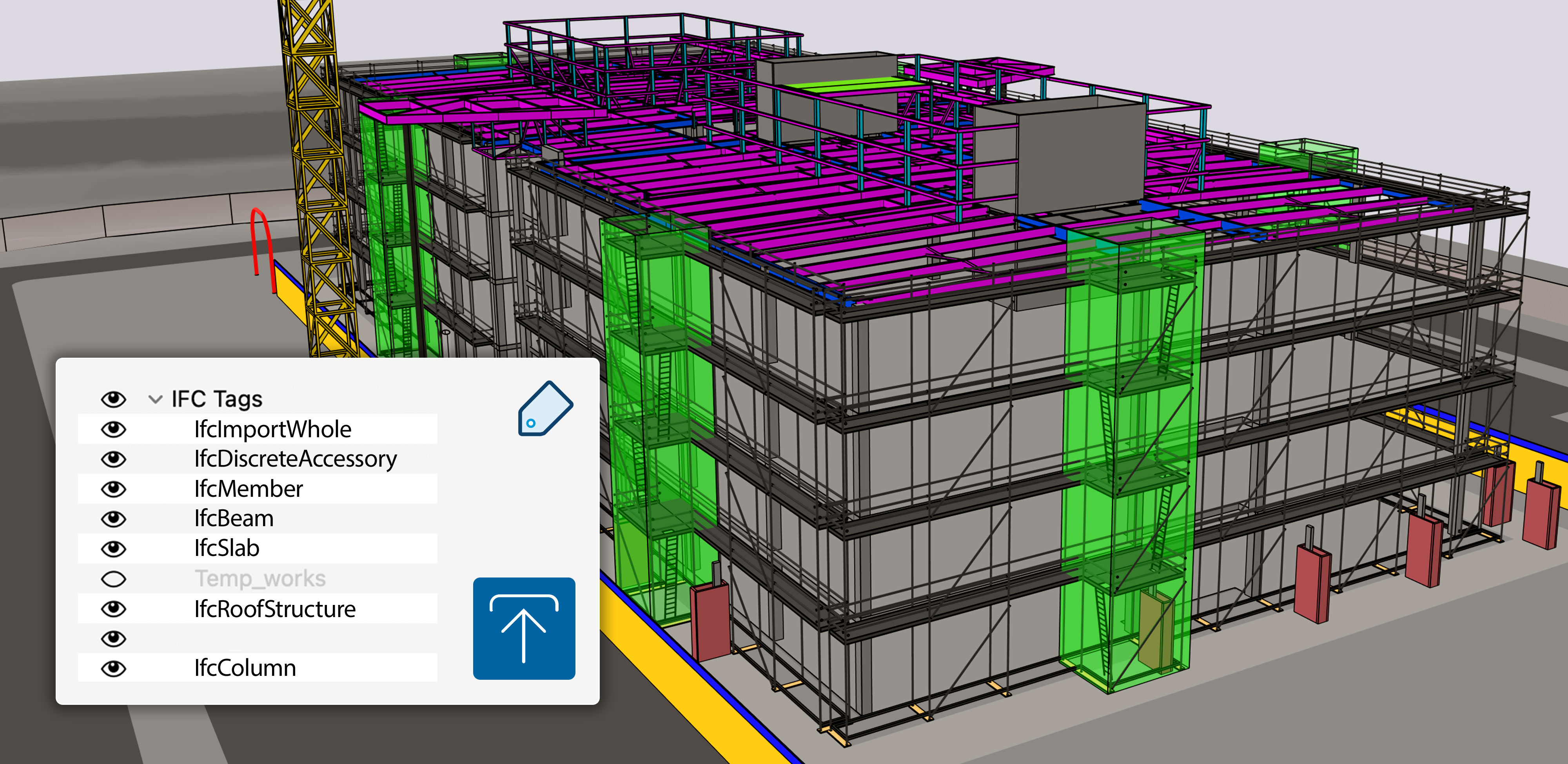 Um arquivo IFC mostrando a estrutura externa de um prédio importada para o SketchUp com uma chamada de tela mostrando classes IFC em tags do SketchUp com um botão de upload.