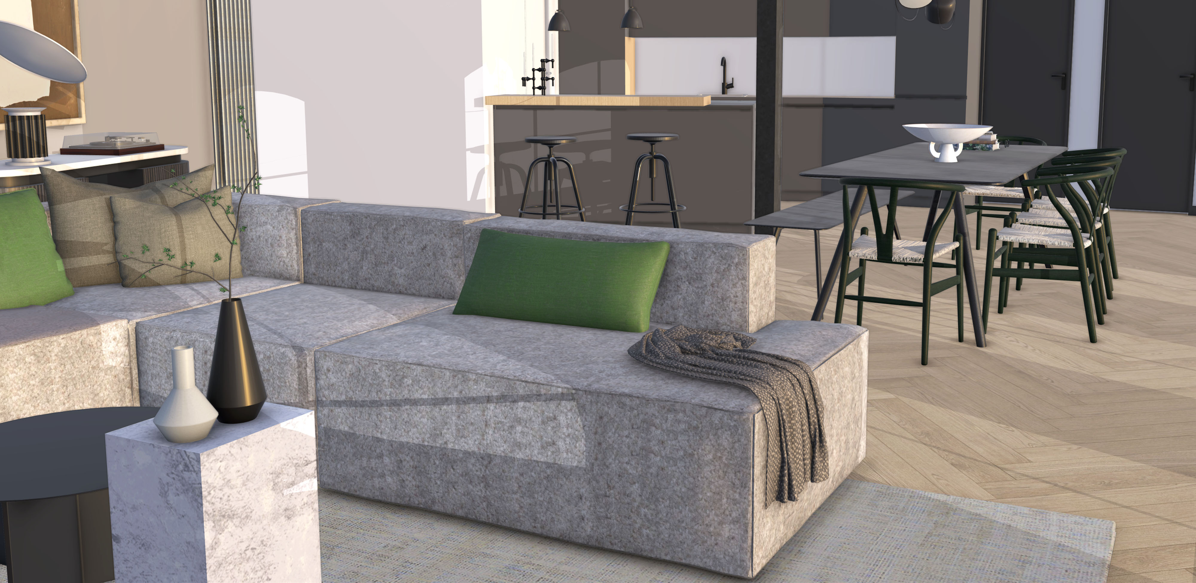  Espaço de lounge interior modelado no SketchUp mostrando nova materialidade realista em um sofá, cobertor e mesa lateral de pedra com uma mesa de jantar e bar molhado ao fundo.