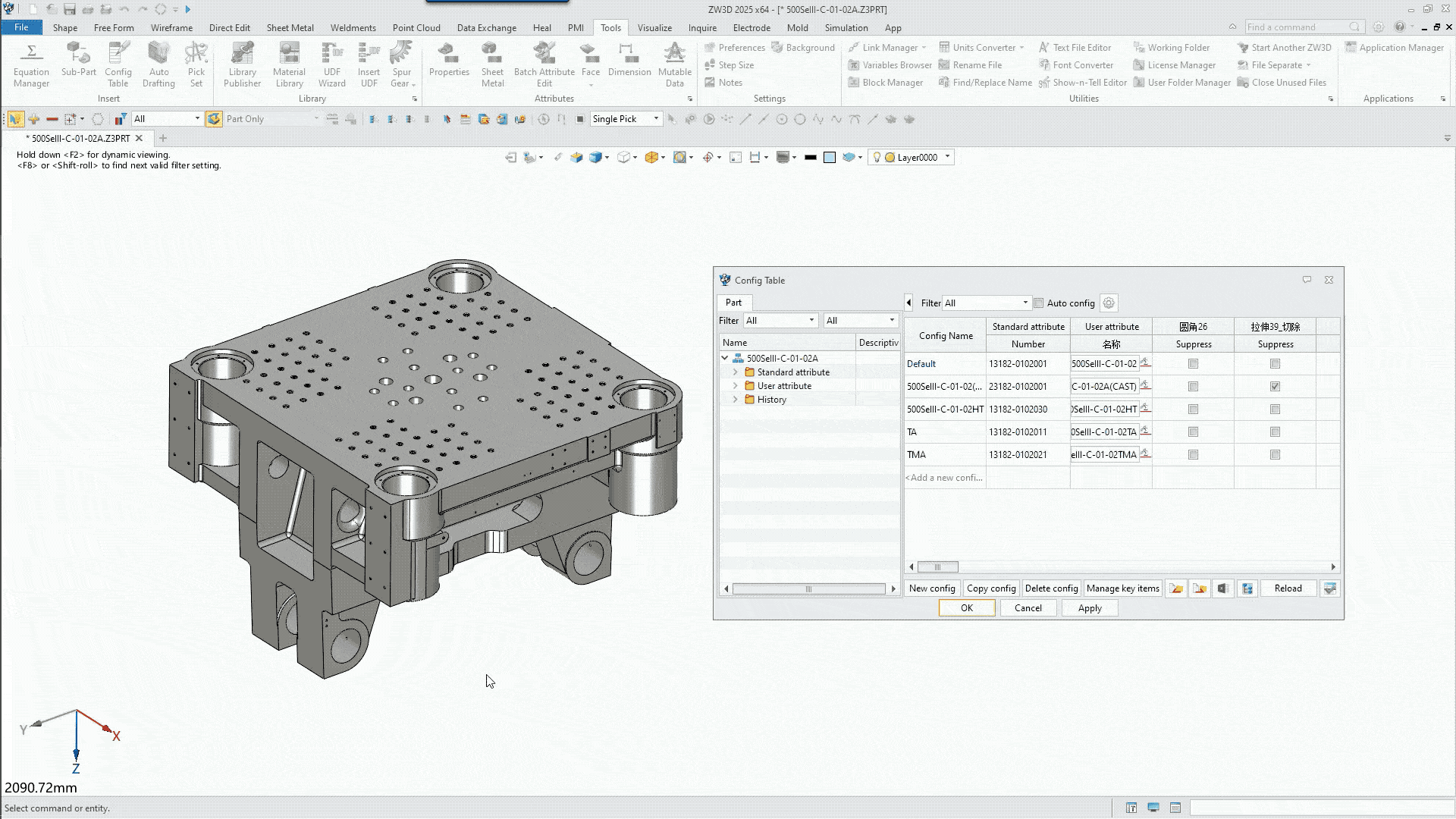 Tela do ZWCAD enquanto é desenvolvido um projeto detalhado em 3D