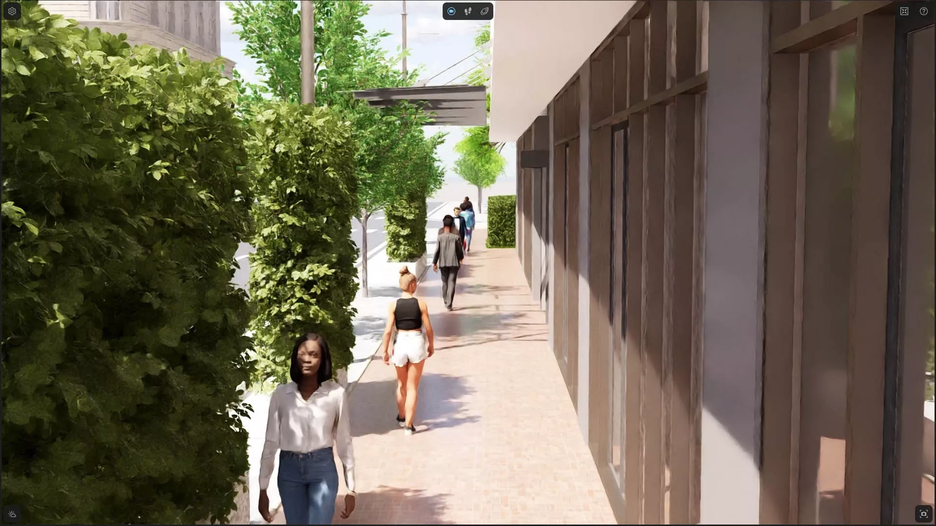 Simulação no Envision com pessoas animadas caminhando por calçada arborizada em cenário urbano.
