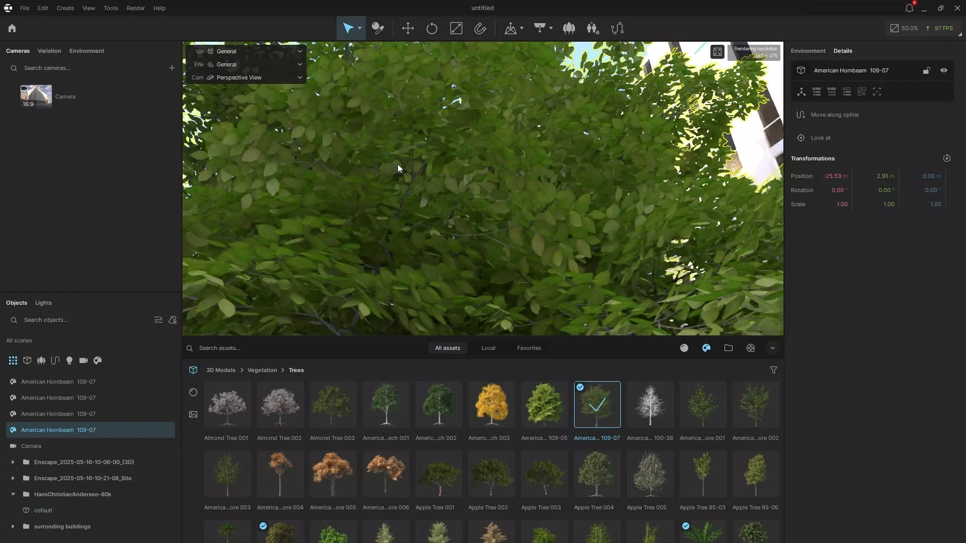 Interface do Envision exibindo a biblioteca de árvores animadas com visualização em tempo real da vegetação.