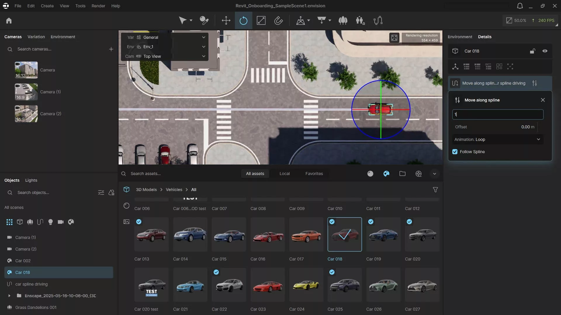 Interface do Envision com biblioteca de carros animados e visualização superior de cena urbana.