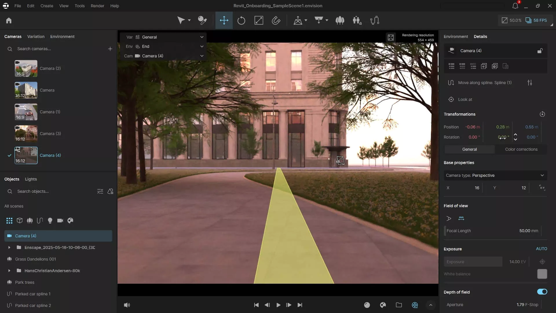 Caminho de animação de câmera configurado no Envision com visualização em perspectiva de edifício ao entardecer.