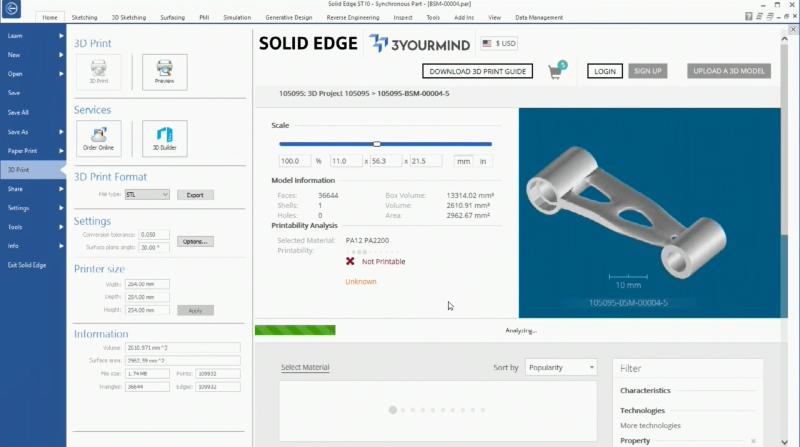 Modelo de exportação do Solid Edge para impressão 3D