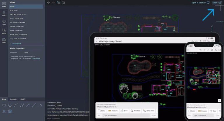 Interface do aplicativo móvel autocad web