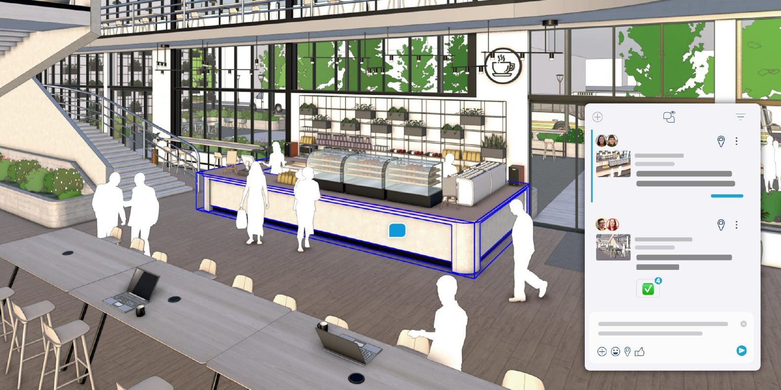 Captura de tela de um modelo do SketchUp destacando o novo recurso de comentários no aplicativo com um painel mostrando os comentários