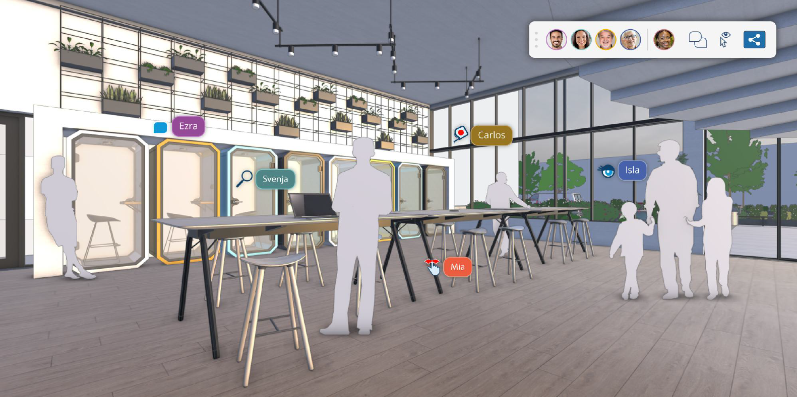 Modelo do SketchUp mostrando ícones de usuário passando o mouse sobre o modelo para ilustrar o novo recurso de colaboração de visualização em tempo real