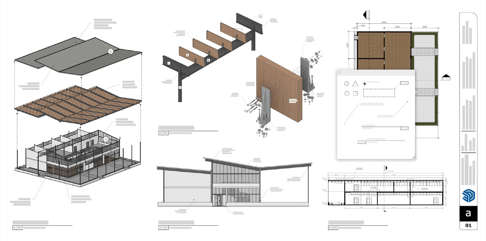 Documento LayOut mostrando detalhes da construção externa, cortes de seção, o novo menu do álbum de recortes e uma barra lateral de detalhes