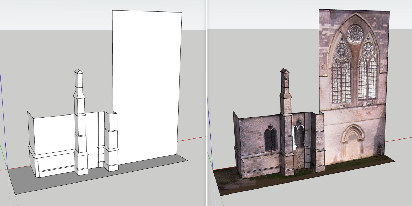 Lado a lado de um modelo de fachada de igreja. Mostrando um modelo básico e um modelo com o novo recurso Texture Projection.