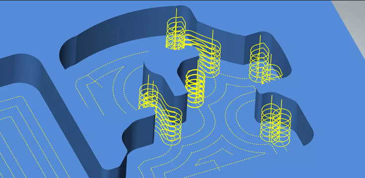 Visualização de usinagem CAM com múltiplas trajetórias helicoidais em amarelo ao redor de cilindros em superfície com contornos ondulados em azul