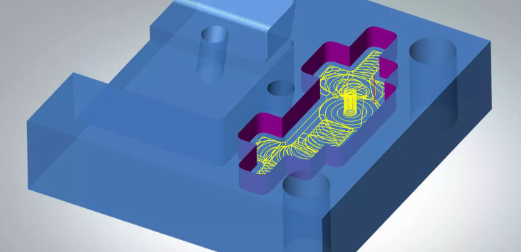 Programação CAM de cavidade complexa com toolpath em amarelo seguindo forma irregular roxa em bloco de usinagem azul