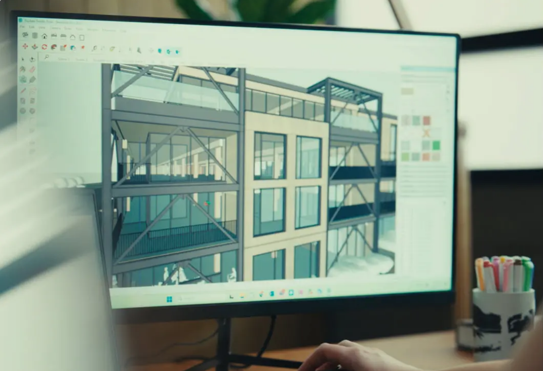 A tela do computador mostra um modelo do SketchUp de um grande edifício com janelas.